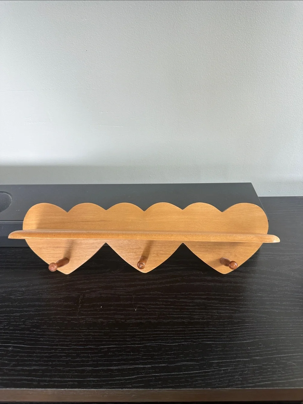 Vintage 1980s Wooden Heart Wall Shelf with Pegs - 15” Country Farmhouse